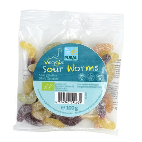 SOUR WORMS sans gélatine 100g SOUR WORMS sans gélatine 100g