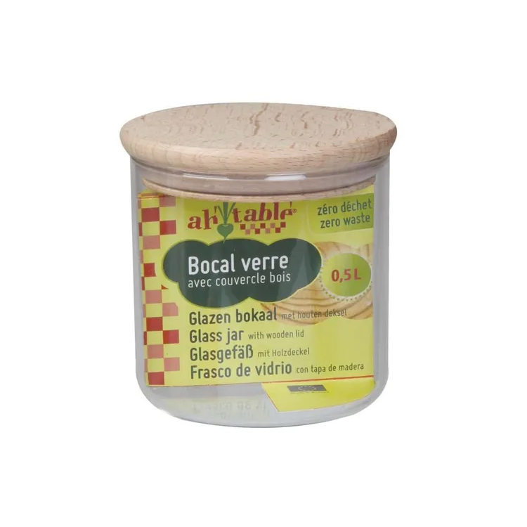 BOCAL VERRE BOUCHON BOIS D9cm/H10cm 0,5L