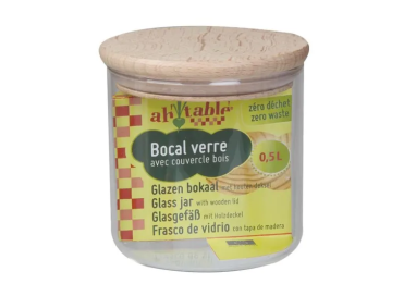 BOCAL VERRE BOUCHON BOIS D9cm/H10cm 0,5L
